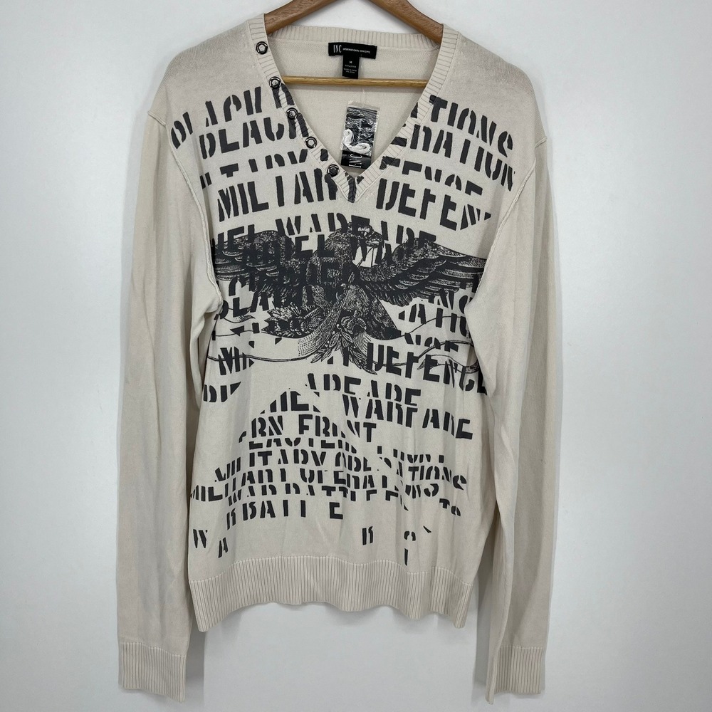 INC International Concepts Mens Cream Graphic Eagle V-Neck Cotton Sweater M NEW